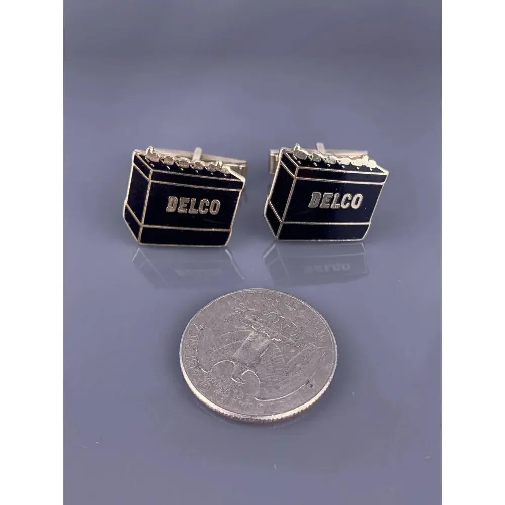 Delco Battery Black Gold Tone Cufflinks Tie Clip Bar Enamel Advertising Vintage